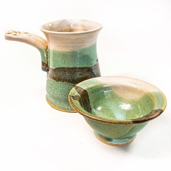 Artisan Studio Ceramic Sake Set/Pitcher and Cup Turquoise Brown Earthenware - Picture 1 of 8